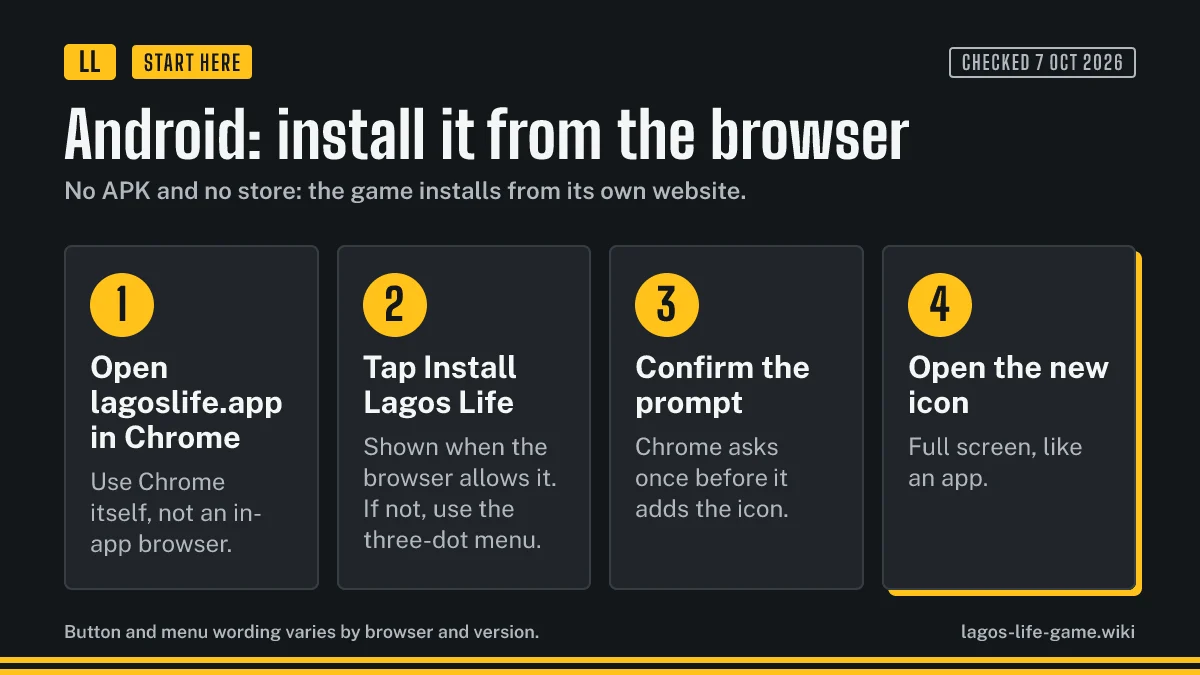 Four steps to install Lagos Life on an Android phone from Chrome without an APK