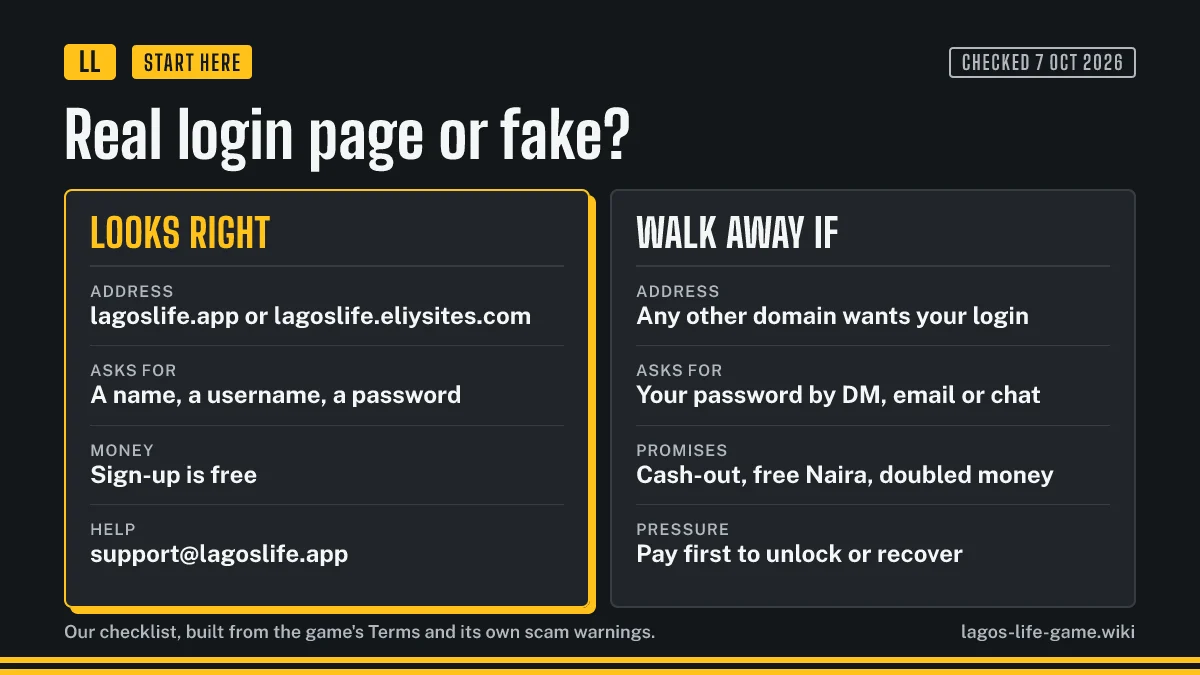 Checklist comparing a real Lagos Life login page with the red flags of a fake one