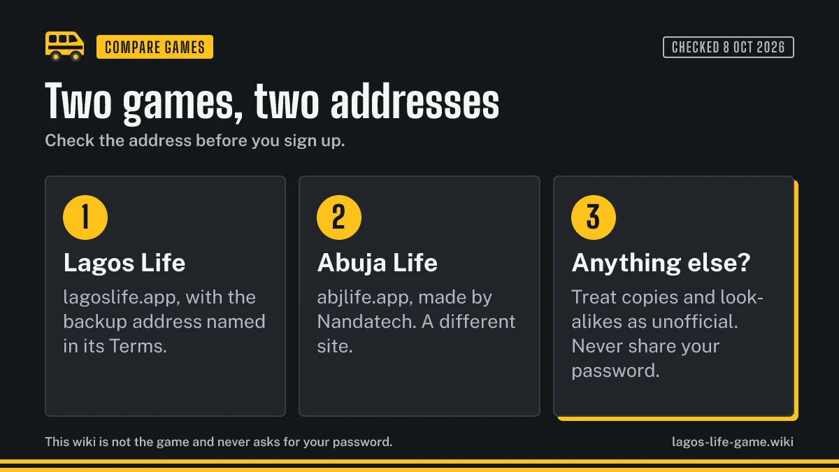 Lagos Life lives at lagoslife.app and Abuja Life at abjlife.app: check the address before you sign up