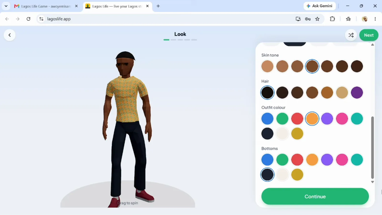 Lagos Life Look editor showing your Sim on the left and skin tone, hair and outfit colour swatches on the right