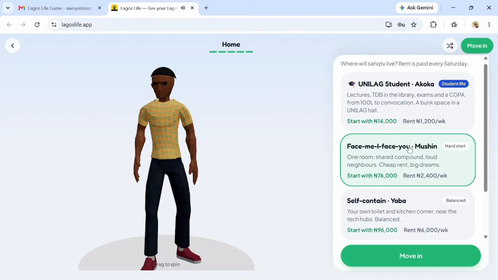 Choosing a start home Lagos Life home picker listing the UNILAG student hall, the Mushin face-me-I-face-you room and the Yaba self-contain with their starting cash and weekly rent