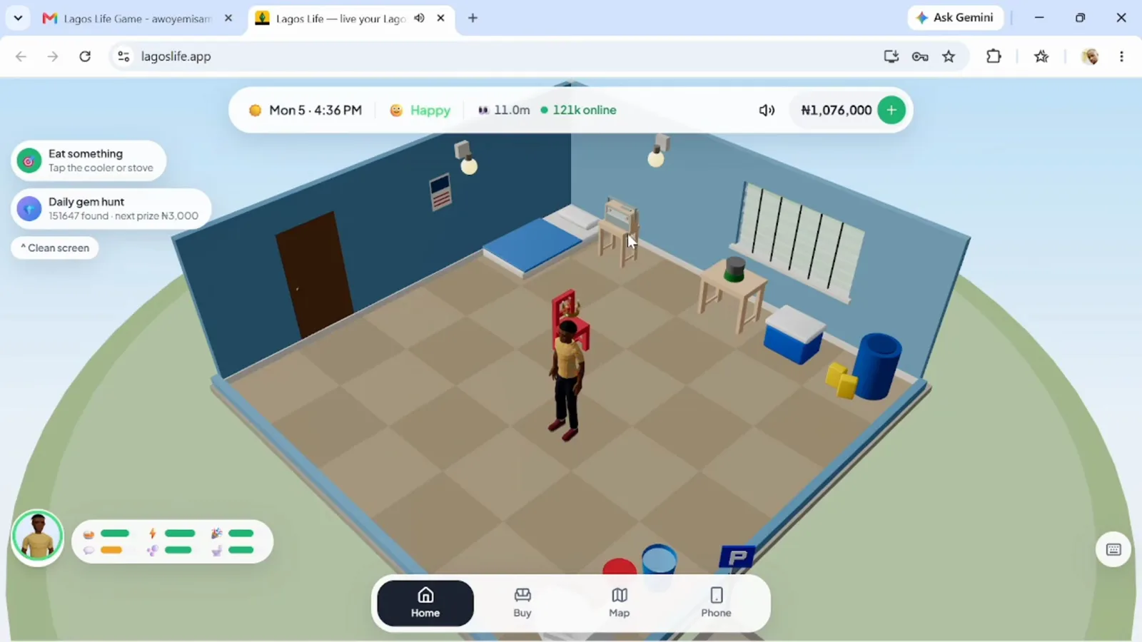 Your Sim's first minutes in the starter home A Lagos Life Sim standing in an empty first home with the needs widget, an Eat something hint and the Home, Buy, Map and Phone buttons