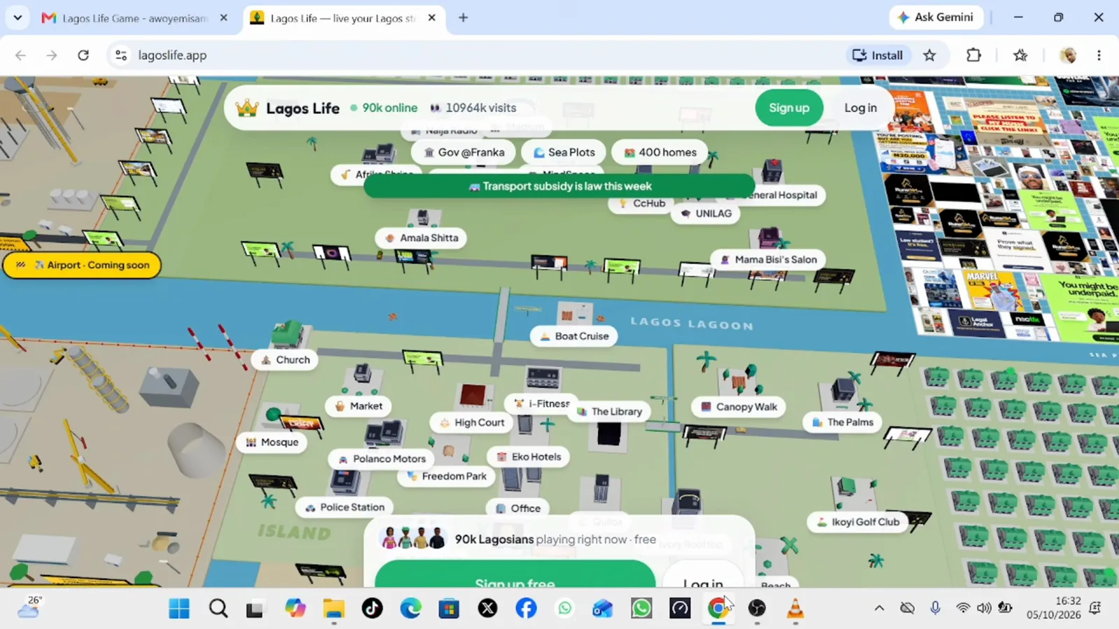 The lagoslife.app landing page with the Sign up button Lagos Life landing page at lagoslife.app with the city map, a live player counter and the Sign up button in the top navigation