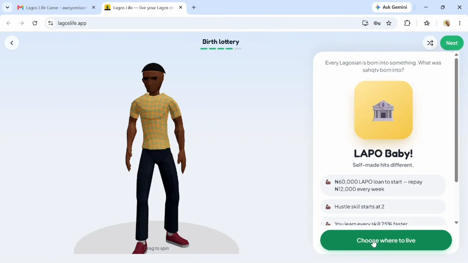 The birth lottery rolling LAPO Baby Lagos Life birth lottery screen revealing the LAPO Baby result card with the loan terms and a Choose where to live button