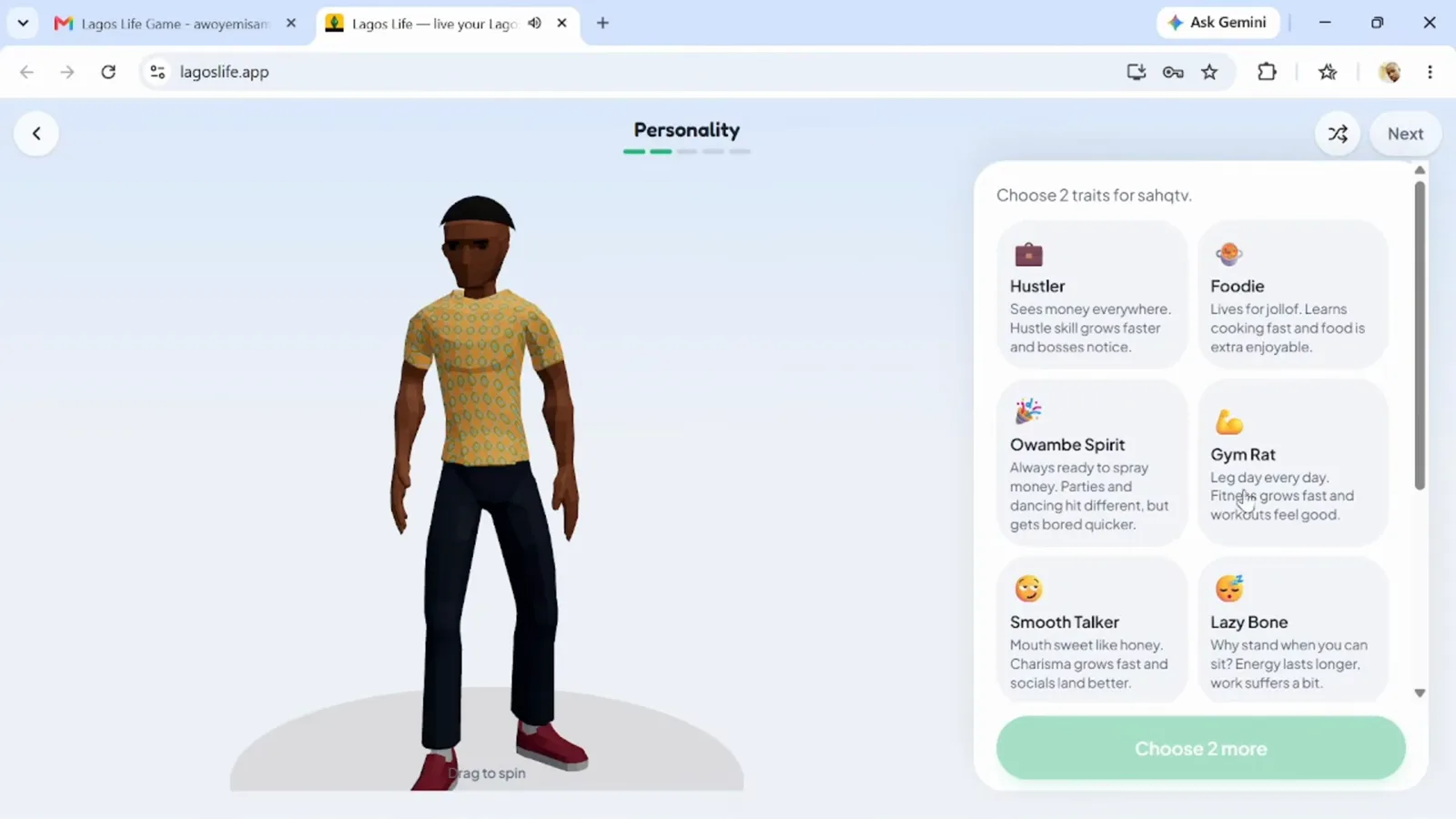 Choosing two personality traits Lagos Life personality picker asking you to choose two traits, with Hustler, Foodie and Gym Rat cards visible