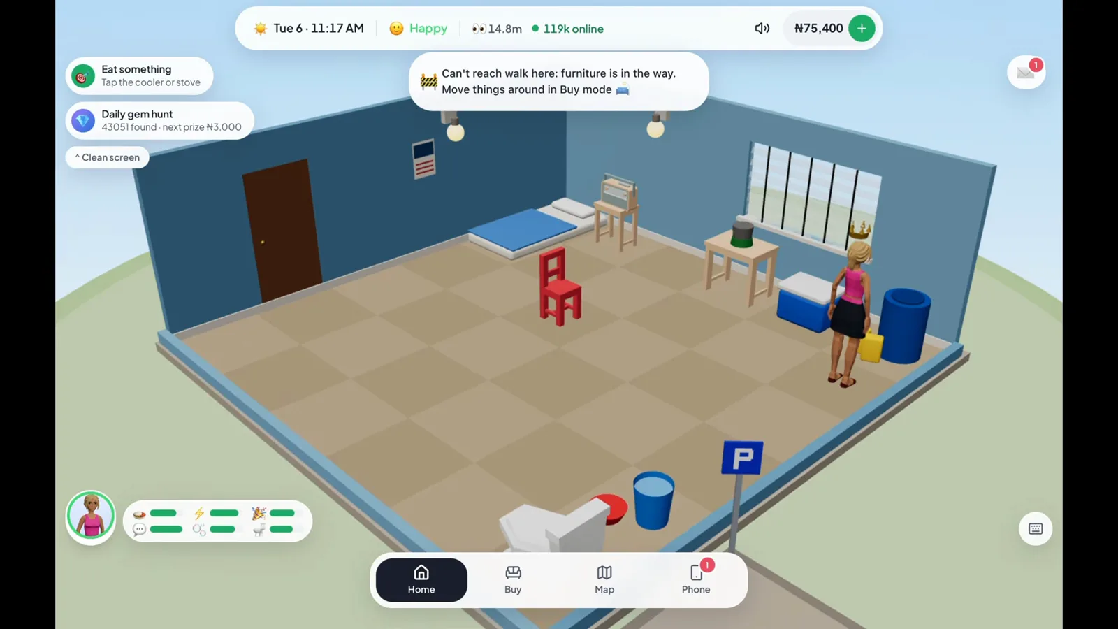 Recognising a furniture obstruction Lagos Life warning above a starter room saying furniture blocks the walking route and directing the player to Buy mode