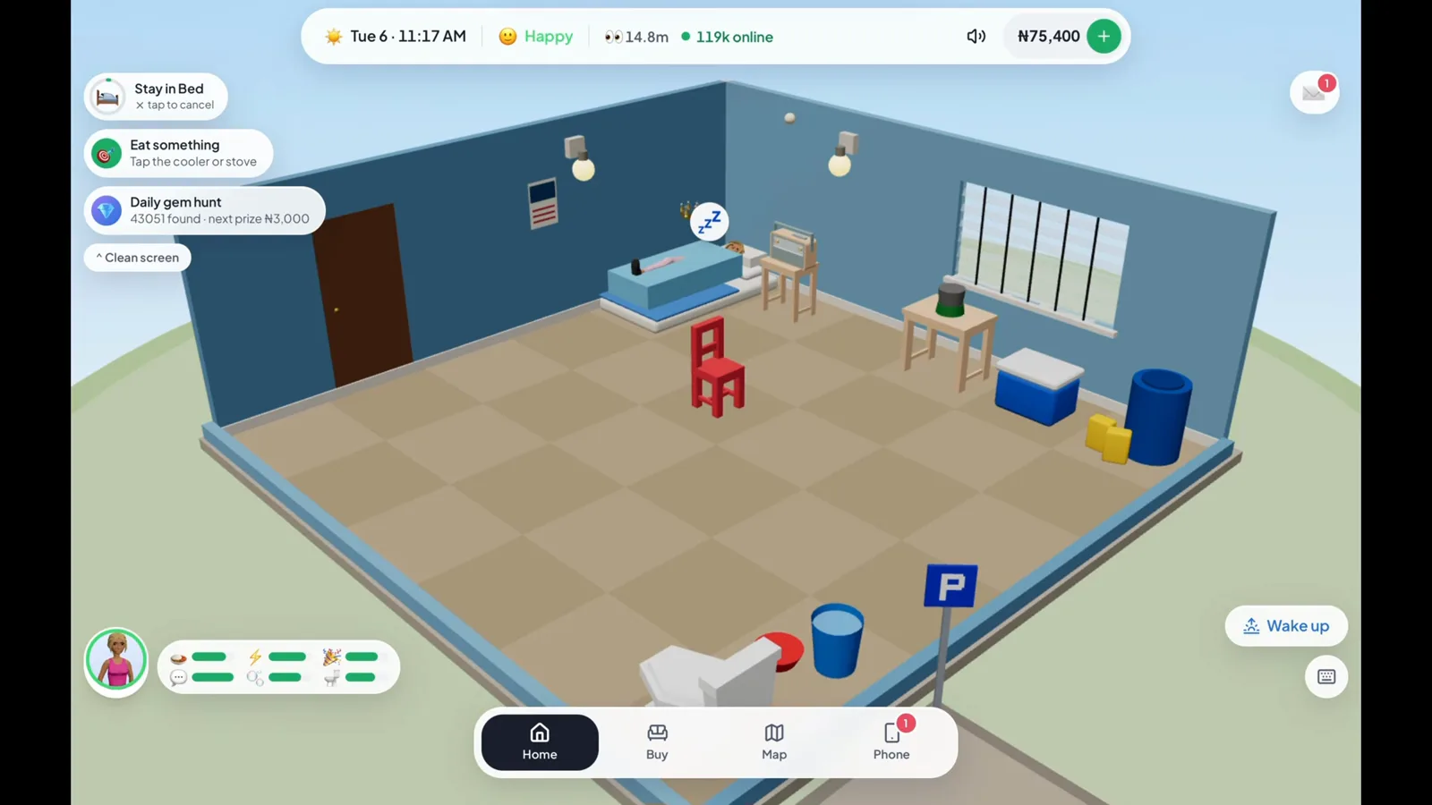 Finding Wake up during an active rest action A Lagos Life Sim resting on the floor mattress with Stay in Bed active and the Wake up button visible beside the room