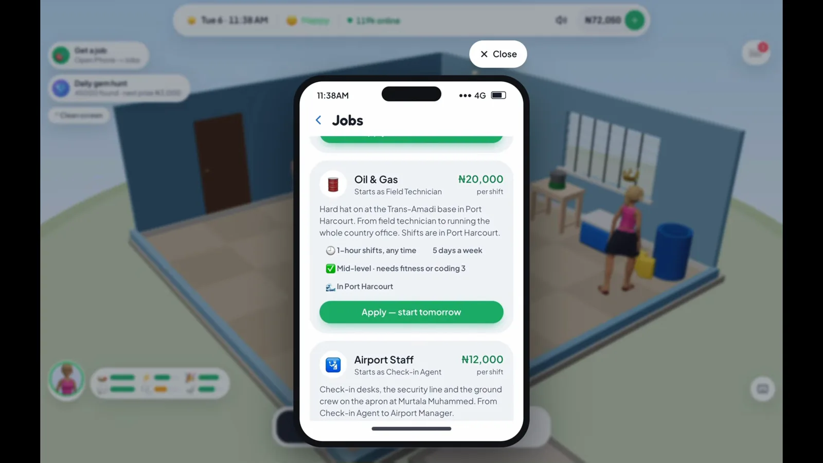 Applying to a job from the listing Lagos Life Jobs app showing an Oil and Gas career based in Port Harcourt and an Airport Staff career, both with Apply start tomorrow buttons