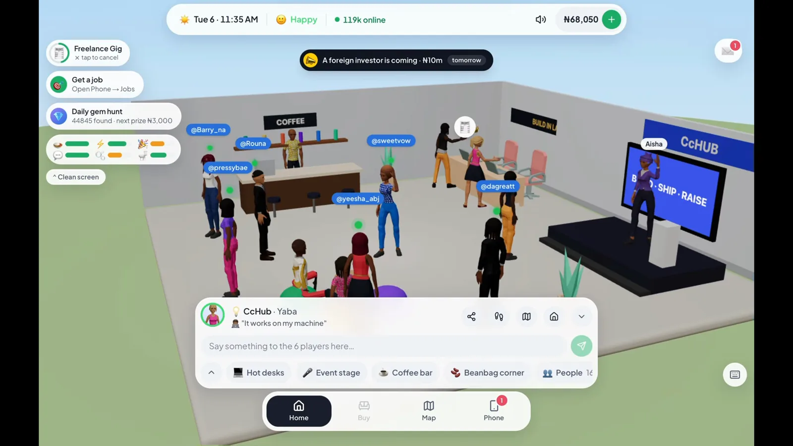 Gig work at CcHub Yaba The CcHub Yaba panel in Lagos Life listing a freelance gig, a daily gem hunt and side projects for raising coding skill