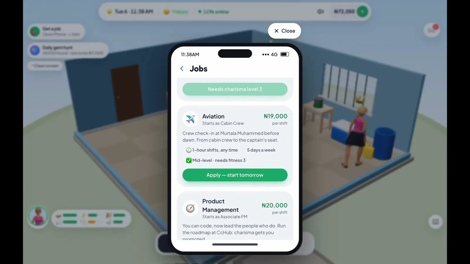 Higher-paying listings with skill requirements Lagos Life job listings for Aviation cabin crew and Product Management with fitness and charisma requirements marked on the cards