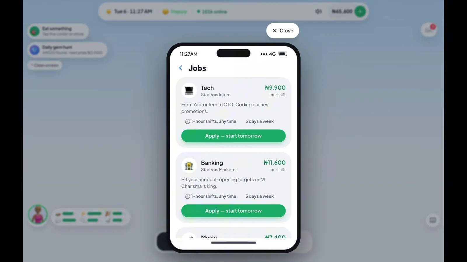 The first two listings in the Jobs app The Lagos Life Jobs app listing Tech and Banking careers with pay per shift, shift length and an Apply start tomorrow button on each