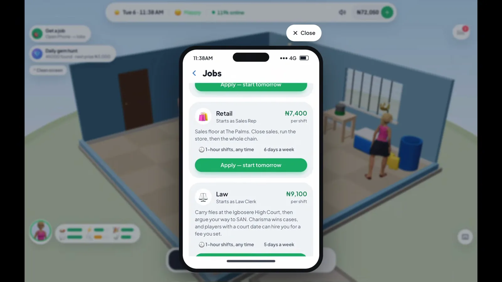 Retail and Law listings in the Jobs app Lagos Life job listings for Retail and Law showing a six-day week on Retail and the Law career’s court-clerk starting rank