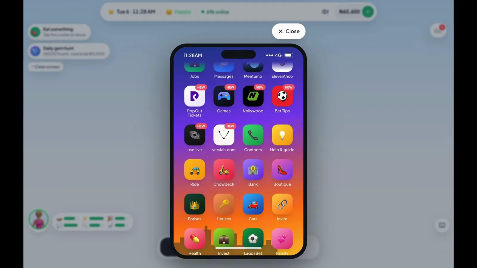 The in-game phone's app grid The in-game Lagos Life phone home screen showing app icons for Jobs, Messages, Bank, Chowdeck and Forbes