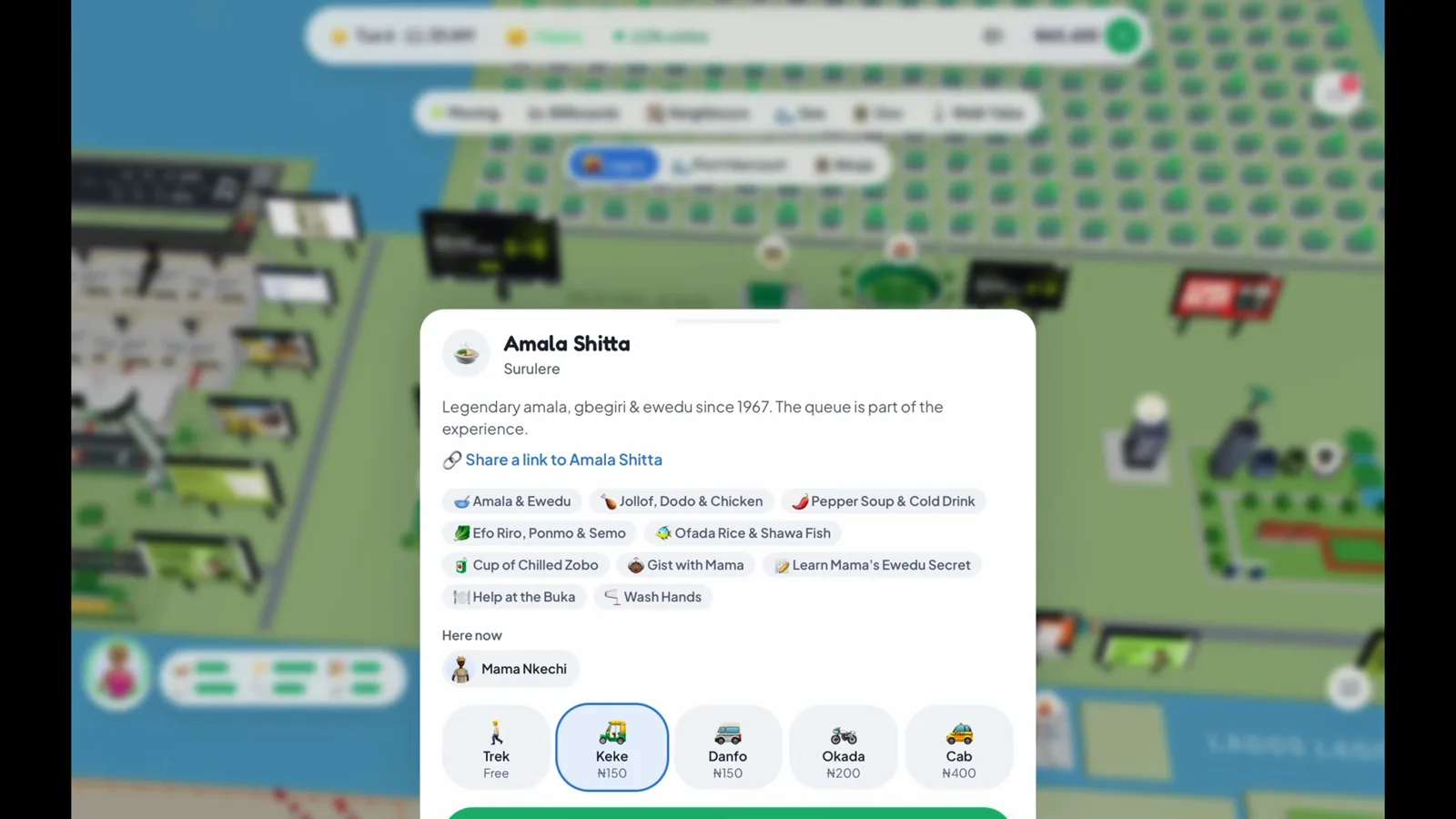 Checking the Amala Shitta destination Amala Shitta destination card in Lagos Life naming Surulere and listing food and activities above the local transport options
