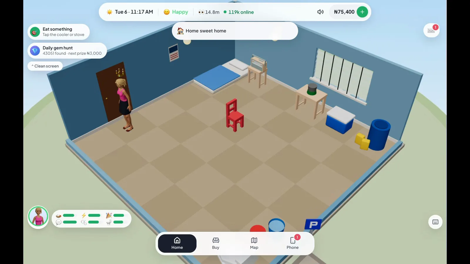 Confirming the journey home is complete Lagos Life Mushin starter room after the return trip with a Home sweet home confirmation above the Sim and home furniture
