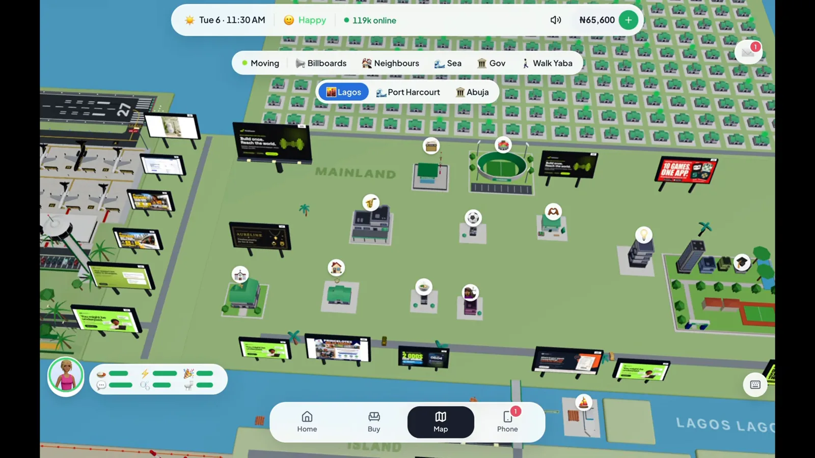 Finding venues on the Lagos map Lagos Life map with the Map tab selected and mainland venue markers around the Lagos Lagoon ready for a local trip
