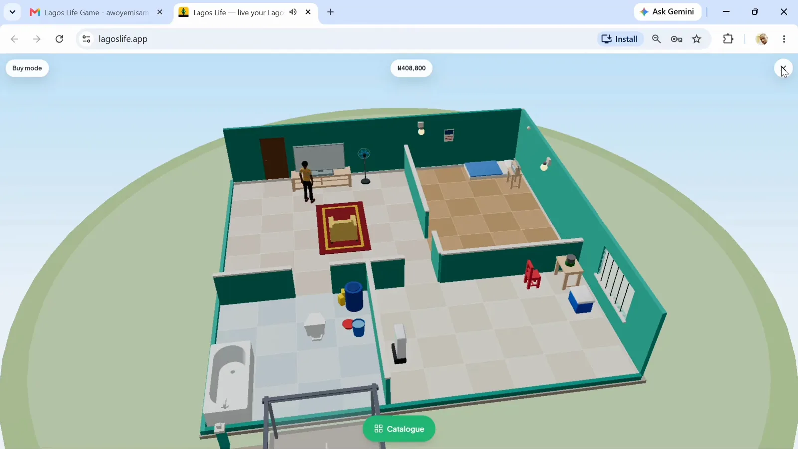 Closing Buy mode after rearrangement Lagos Life furnished flat still in Buy mode with the cursor over the top-right X used to leave the room editor