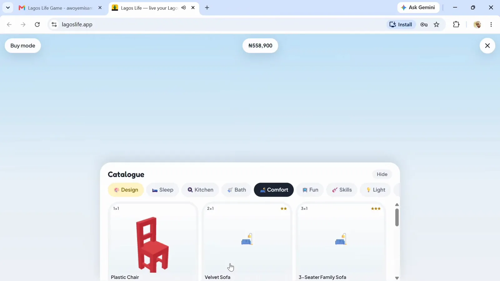 Opening Buy mode and the Catalogue Lagos Life Buy mode with the furniture Catalogue open on the Comfort tab showing a plastic chair, velvet sofa and family sofa