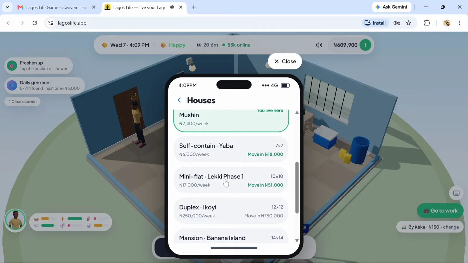 The open-market homes list The Lagos Life Houses market list showing the Yaba self-contain, Lekki Phase 1 mini-flat, Ikoyi duplex and Banana Island mansion with weekly rents and move-in costs