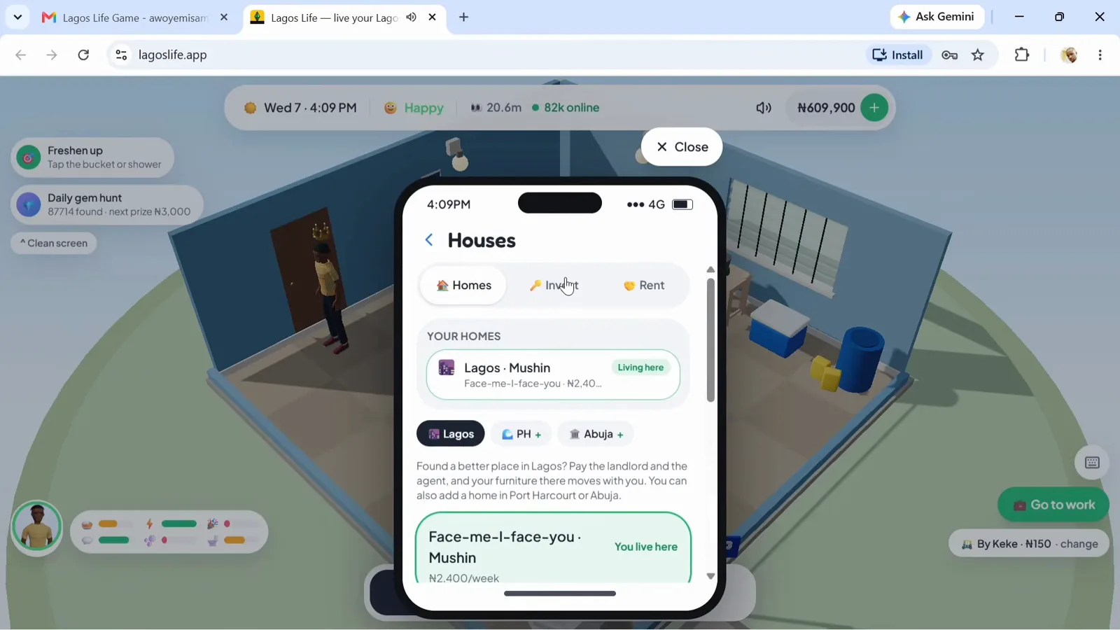 The Houses app's Your Homes tab The Houses app in Lagos Life opening on the Your Homes tab with the current Mushin room tagged You live here
