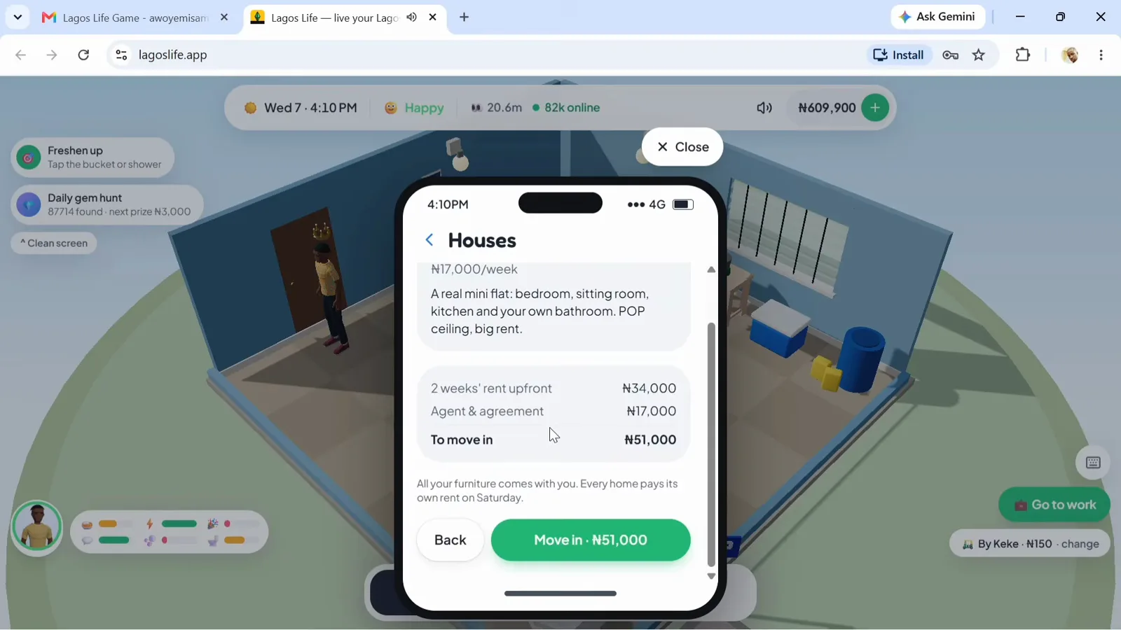 The move-in cost breakdown on a listing A Lagos Life listing card for a Lekki Phase 1 mini-flat breaking the move-in total into two weeks of rent upfront plus one agent and agreement week with a Move In button