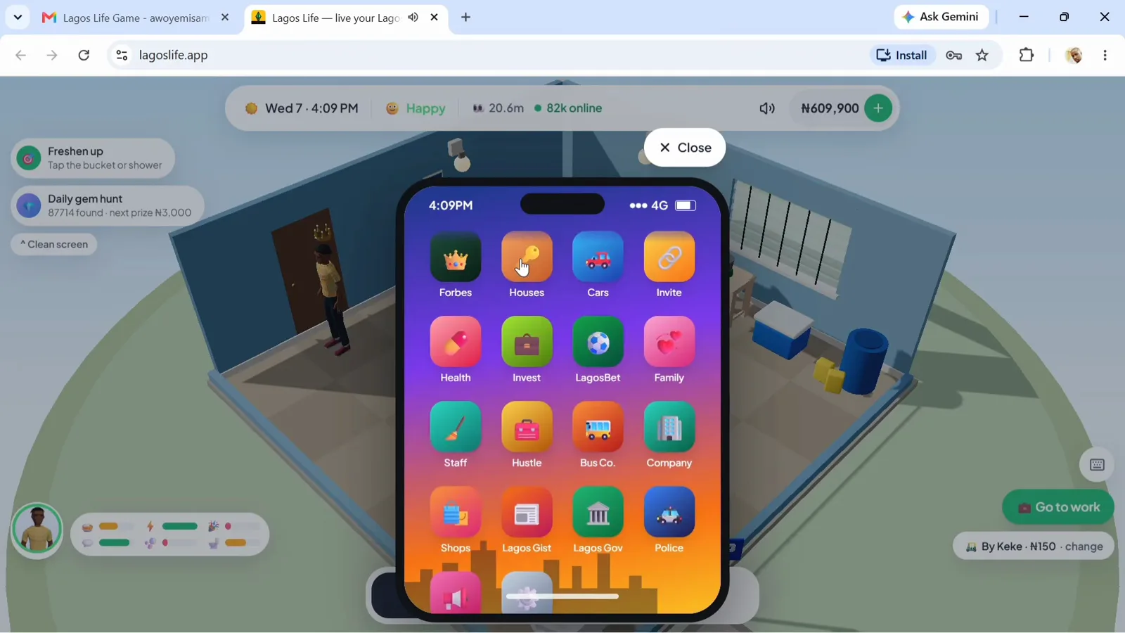 Finding the Houses app on the in-game phone The Lagos Life in-game phone app grid with the Houses icon among Forbes, Cars, Invest, Hustle and Bank apps