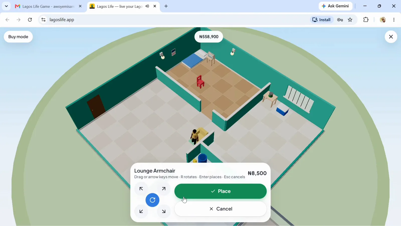Placing a Lounge Armchair Placing a Lounge Armchair in Lagos Life Buy mode with rotate and move controls beside the green Place button