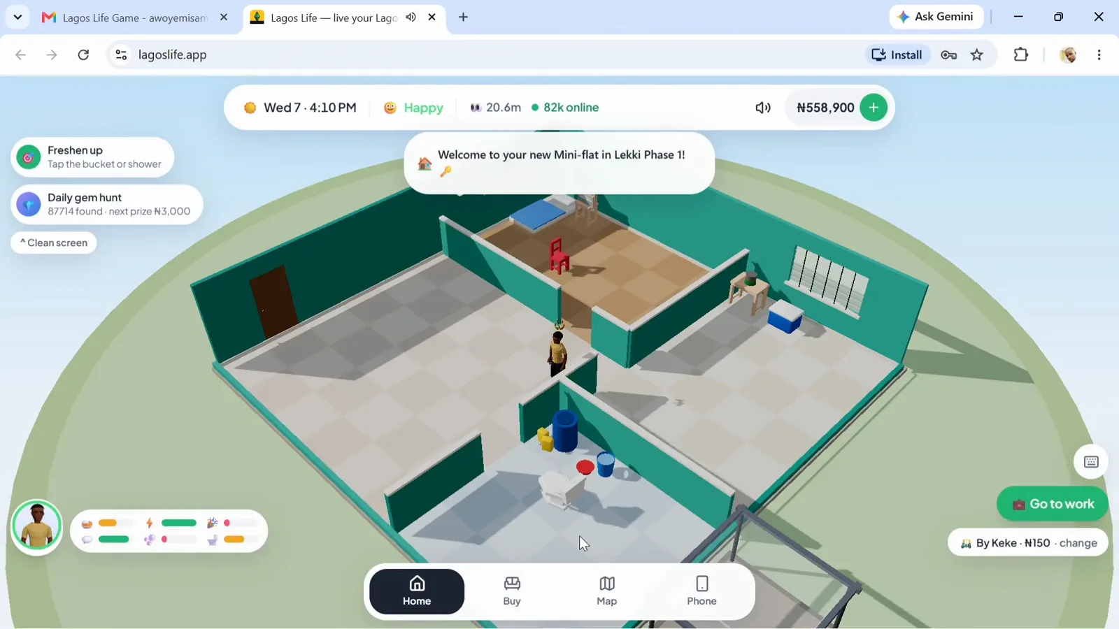 Moving into the new flat A Lagos Life Sim standing in a newly rented Lekki mini-flat under a Welcome to your new Mini-flat toast